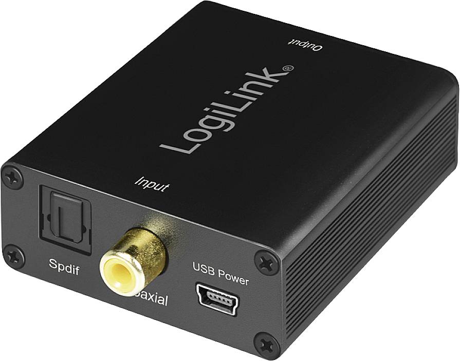Ein kleiner, schwarzer Audio-Konverter von LogiLink mit SPDIF, Koaxial- und USB-Stromanschluss. Aufschrift 'LogiLink' sichtbar.