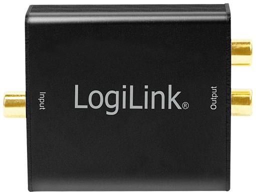 'LogiLink' Audio-Konverter mit Beschriftungen 'Input' und 'Output' an den Seiten. Schwarzes Gehäuse mit goldfarbenen Anschlüssen.