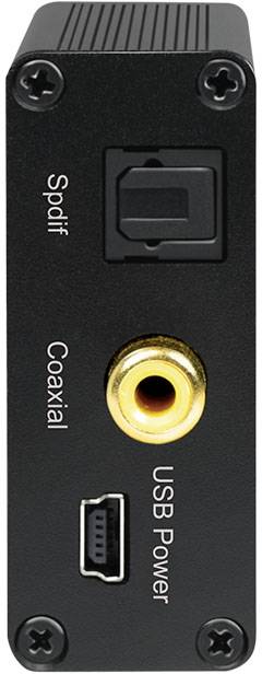 Ein schwarzes elektronisches Gerät mit Koaxial- und USB-Energieanschluss sowie SPDIF-Anschluss.
