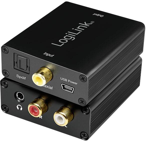 Ein schwarzer Digital-zu-Analog-Wandler von LogiLink mit Anschlüssen für SPDIF, Koaxial und USB-Stromversorgung, sowie einem Kopfhörerausgang.