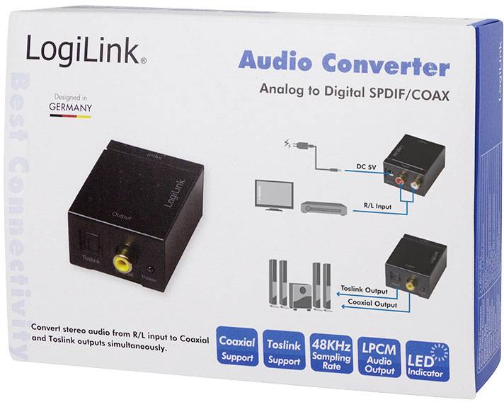 Audio-Konverter-Box 'LogiLink', wandelt analog in digital um, unterstützt Coaxial und Toslink, für Heimkinoanlagen oder HiFi-Systeme.