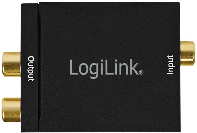 Schwarzer LogiLink Konverter mit Goldanschlüssen; links als 'Output', rechts als 'Input' beschriftet.