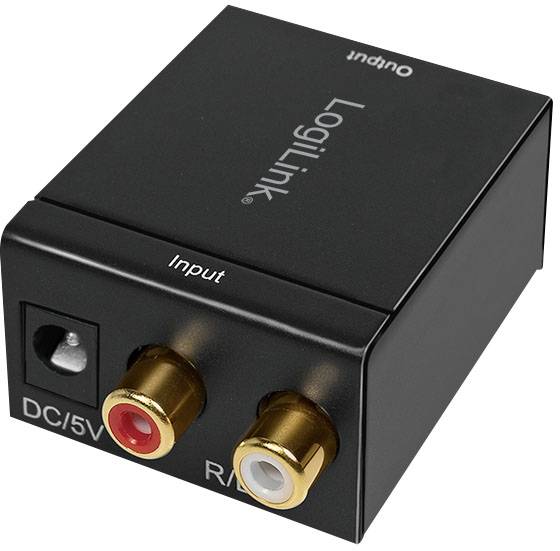 Schwarzer Audio-Konverter mit Logilink-Logo, Anschlussbuchsen für RCA-Eingang links (rot und weiß), und DC/5V-Anschluss.