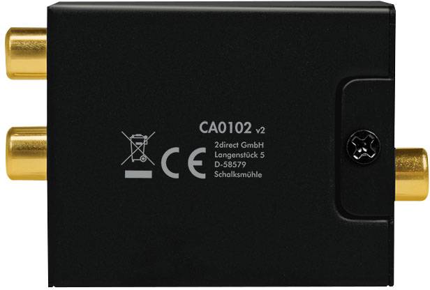 Schwarzes elektronisches Gerät mit zwei goldenen Anschlusssteckern. Aufdruck 'CA0102 v2' und CE-Kennzeichnung sind sichtbar.