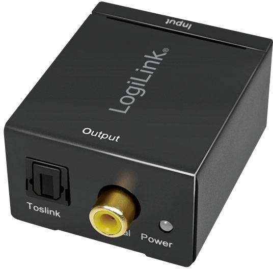 Ein schwarzer LogiLink Digital-Audio-Konverter mit einem Toslink- und einem Koaxialanschluss zur Umwandlung von Audiosignalen.