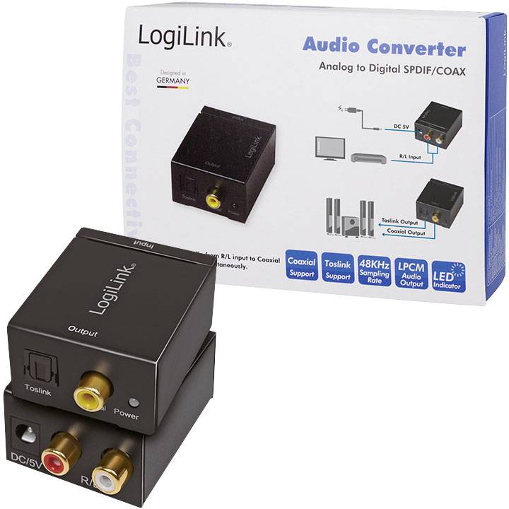 'LogiLink Audio Converter' zeigt die Verpackung und das Gerät. Es wandelt analoge in digitale Signale um, mit SPDIF/COAX-Anschlüssen.