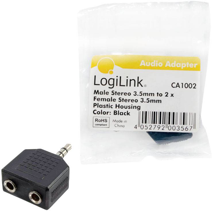 3,5-mm-Audio-Adapter von LogiLink, teilt einen männlichen Stereo-Stecker in zwei weibliche Buchsen. Schwarzes Kunststoffgehäuse.