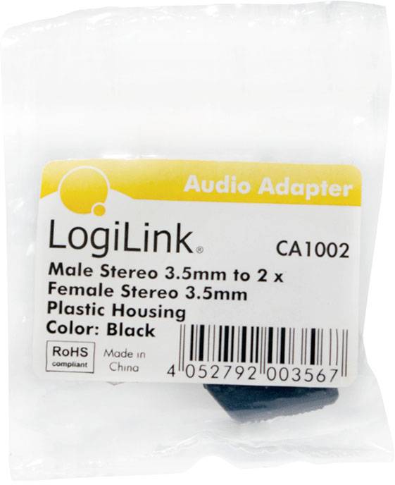 Audiostecker-Adapter, LogiLink, Modell CA1002: 3,5 mm Stereo-Männchen zu 2 x 3,5 mm Stereo-Weibchen, schwarzes Plastikgehäuse.