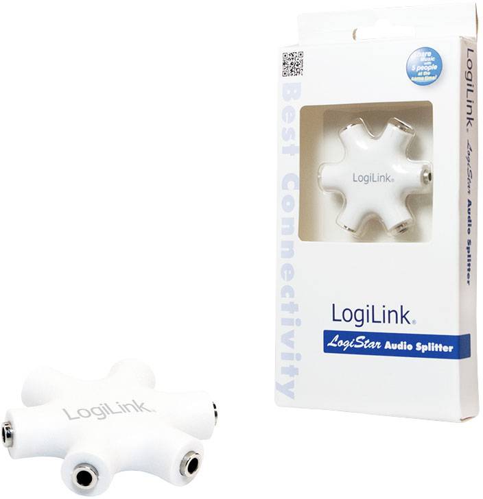 Ein weißer Audio-Splitter in sternförmigem Design mit fünf Anschlüssen und der Verpackung. Text auf Verpackung: 'LogiLink LogiStar Audio Splitter'.
