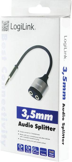 Verpackung eines 'LogiLink 3,5mm Audio Splitters' zur Verteilung von Audio auf zwei Kopfhörer. Produktabbildung und Aufschrift.