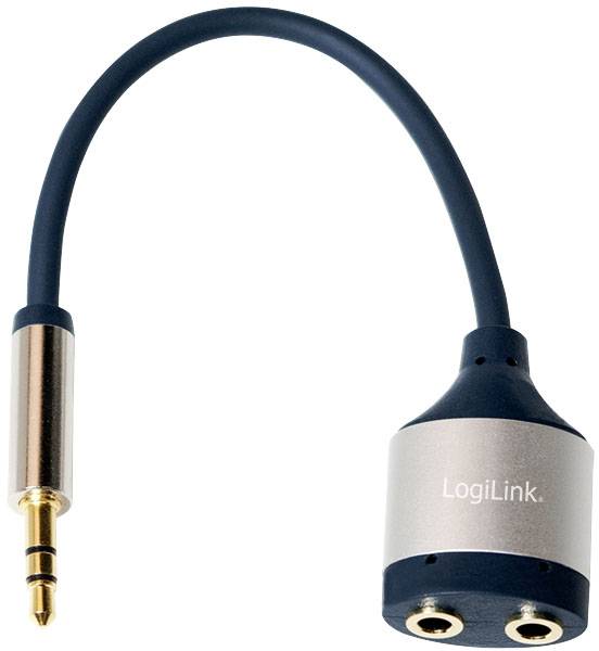 Ein LogiLink-Audio-Adapter mit einem 3,5-mm-Stecker und zwei 3,5-mm-Buchsen zum Verbinden von Kopfhörern oder Lautsprechern.