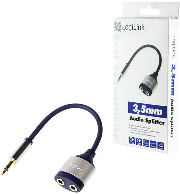 '3,5 mm Audio-Splitter' von LogiLink in der Verpackung. Der Splitter teilt einen Kopfhöreranschluss in zwei Ausgänge.