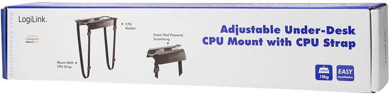 Verpackung eines verstellbaren CPU-Halters zur Montage unter dem Schreibtisch, inklusive CPU-Gurt. Marke: LogiLink. Maximale Last: 10 kg.