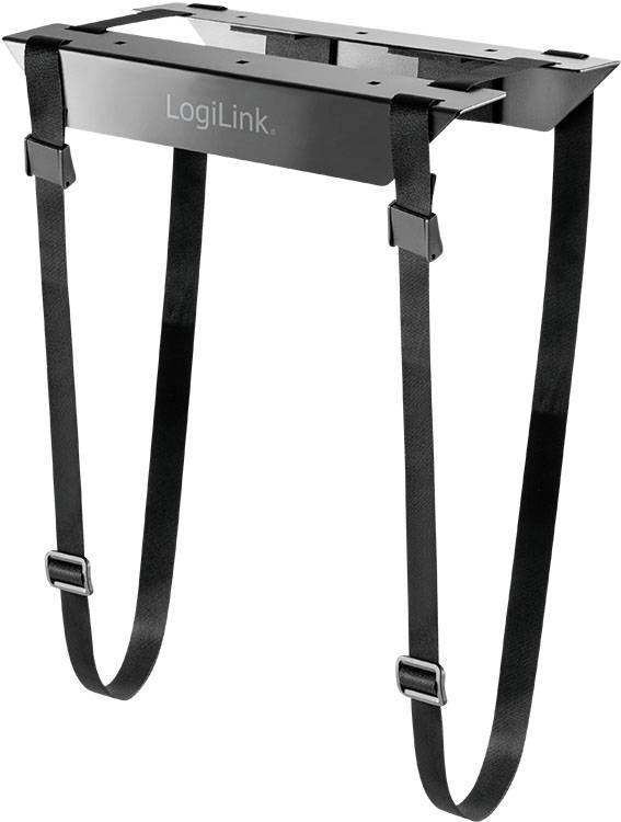 'LogiLink' Wandhalterung mit verstellbaren Gurten zur sicheren Befestigung von Geräten. Schwarzes Metall mit schnallenverstellbaren Gurten.