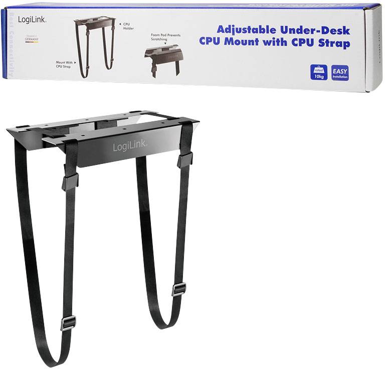 Ein verstellbarer CPU-Halter zur Montage unter dem Schreibtisch. Enthält verstellbare Gurte für verschiedene Größen und Gewichte.