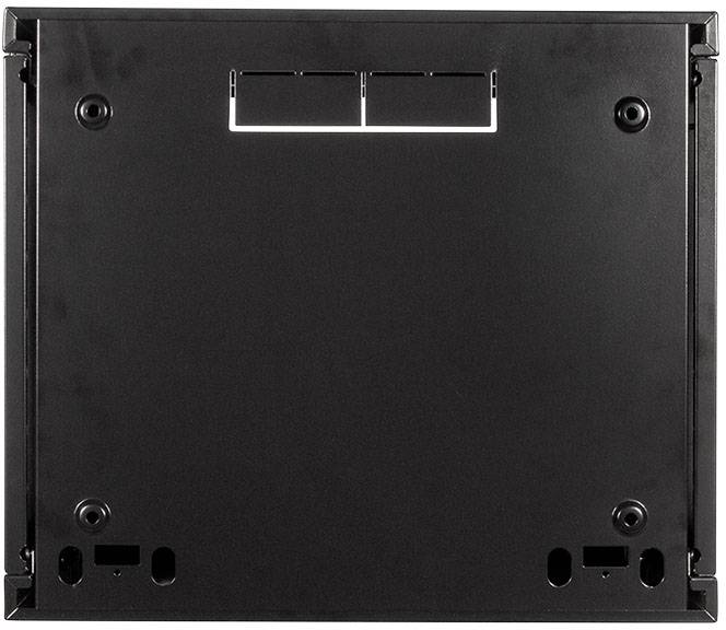 Eine schwarze, rechteckige Metallplatte mit mehreren Befestigungspunkten und zwei Aussparungen in der oberen Mitte.