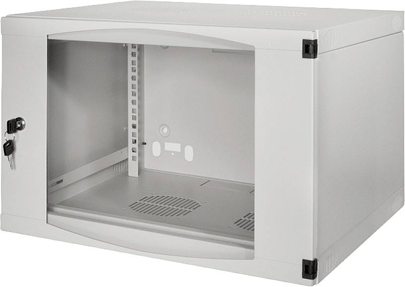 Ein leerer, grauer Wandgehäuse-Schrank aus Metall mit einer verschlossenen Tür. Enthält keine technischen Geräte.