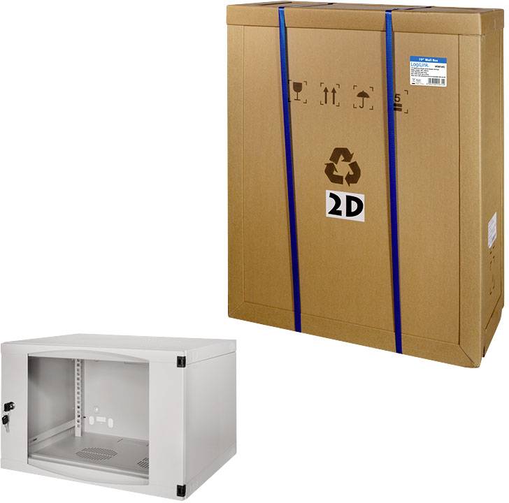 Ein flacher, verpackter Metallschrank vor seinem Karton. Der Karton hat ein Recyclingsymbol und die Nummer '2D'. Der Schrank ist grau.