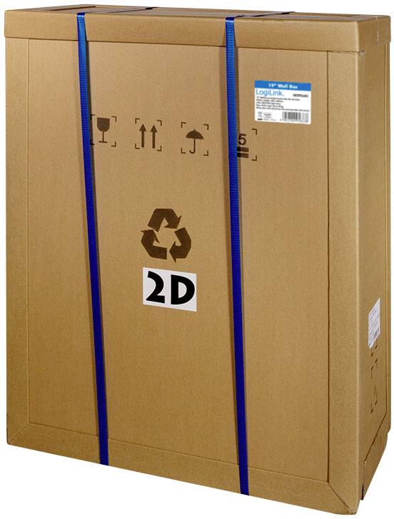 Kartonverpackung mit blauen Riemen, enthält LogiLink-Monitor. Symbol für Recycling und Pfeile, die 'oben' anzeigen.