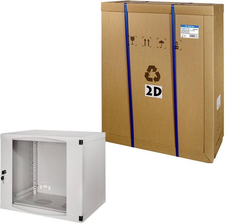 Grauer Wandverteiler aus Metall mit entfernbarer Tür. Daneben eine braune Transportverpackung mit einem Recycling-Symbol.