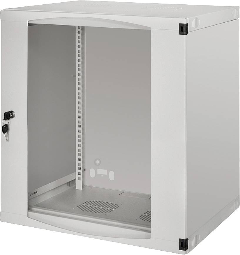 Ein graues Serverrack-Gehäuse mit Glastür, links ein Schloss, geeignet zur sicheren Aufbewahrung von IT-Komponenten.