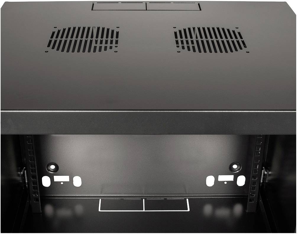 Schwarzer Kühlschrank mit zwei Lüftungsgittern an der Oberseite. Aufbewahrungsbereich mit Kabeldurchführungen im hinteren Bereich.