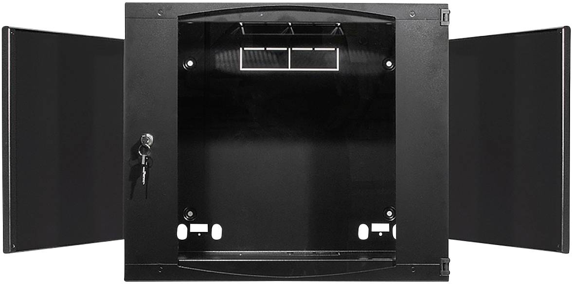 Schwarzer, offener Wandschrank mit zwei Flügeltüren, sichtbar innenliegende Schließvorrichtung und Lüftungsschlitze oben.