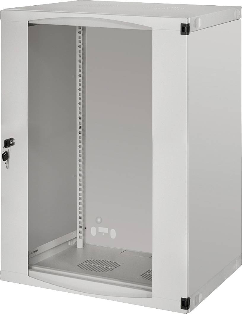 Grauer Metallschrank mit Glastür, offen, zeigt einen leeren Innenraum mit Regalschienen, geeignet für technische Geräte oder Ausrüstung.