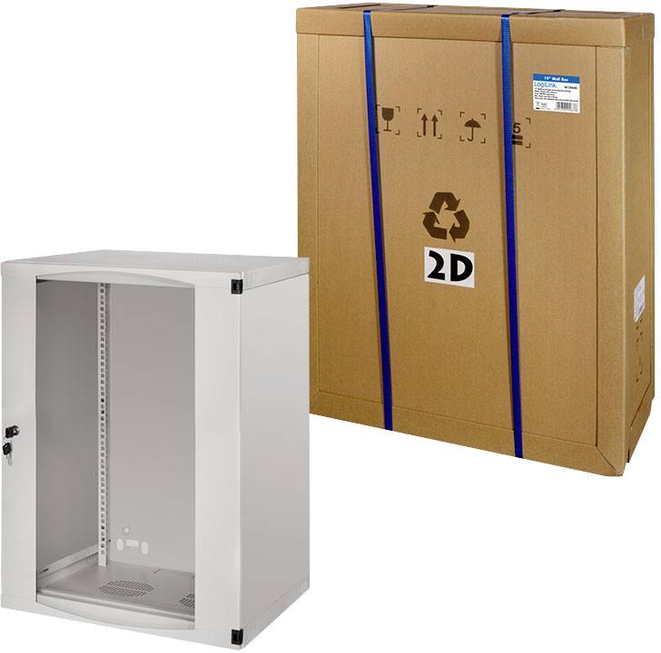 Metallener Wandschrank für Netzwerktechnik, steht neben seiner Originalverpackung aus Pappe mit Recycling-Logo und Produktaufkleber.
