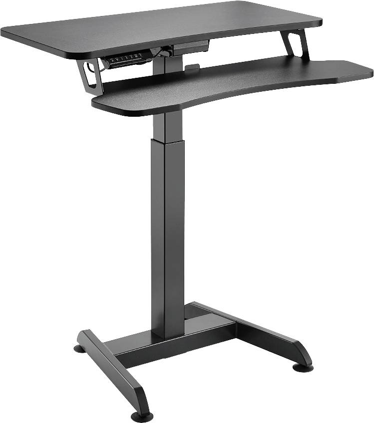 Höhenverstellbarer schwarzer Schreibtisch mit zwei Ebenen und stabiler Basis, geeignet für ergonomisches Arbeiten im Stehen.