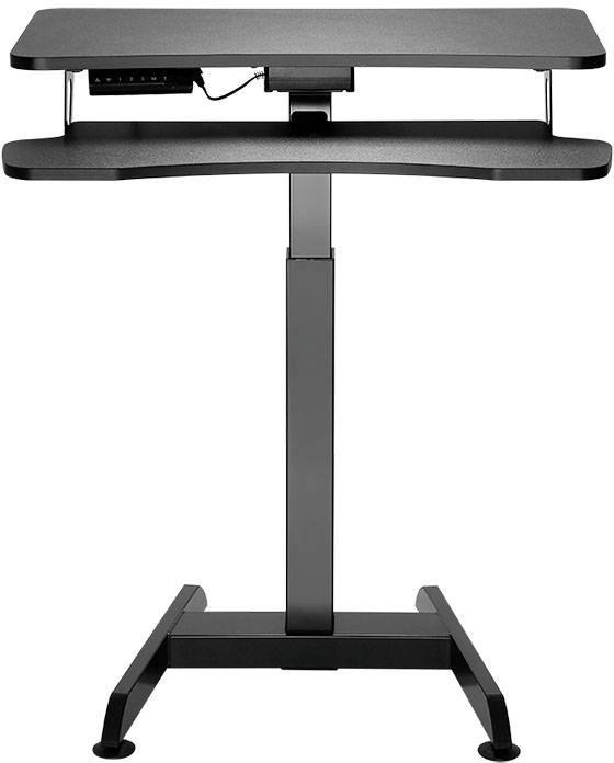 Höhenverstellbarer schwarzer Stehtisch mit Tastaturablage, ideal für ergonomische Arbeitsplätze im Büro oder Homeoffice.