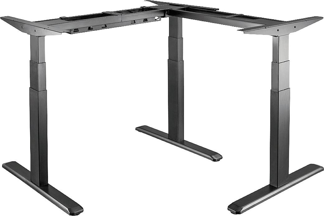 Ein höhenverstellbares, L-förmiges Tischgestell in schwarzer Farbe, geeignet für Büro- oder Arbeitsumgebungen.