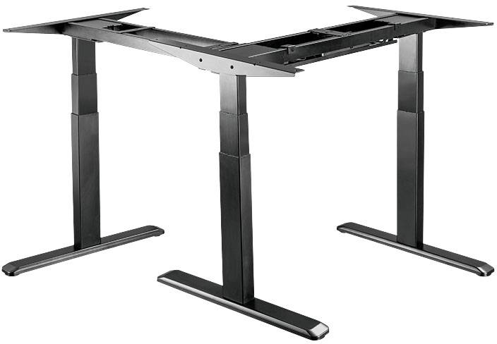 Höhenverstellbares Tischgestell in L-Form, schwarz, ohne Tischplatte. Ideal für ergonomisches Arbeiten durch Höhenanpassung.