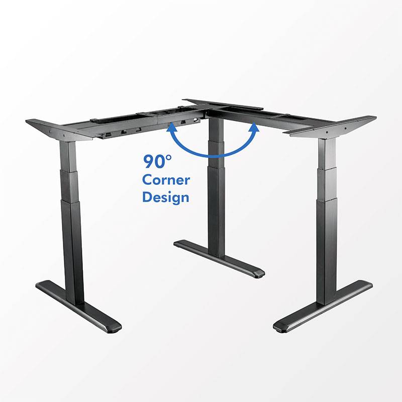 L-förmiger Schreibtisch mit 90° Ecke, höhenverstellbar, schwarze Metallbeine, für ergonomisches Arbeiten.
