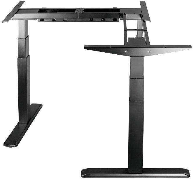 Höhenverstellbares Tischgestell aus schwarzem Metall, geeignet für ergonomisches Arbeiten im Stehen oder Sitzen.