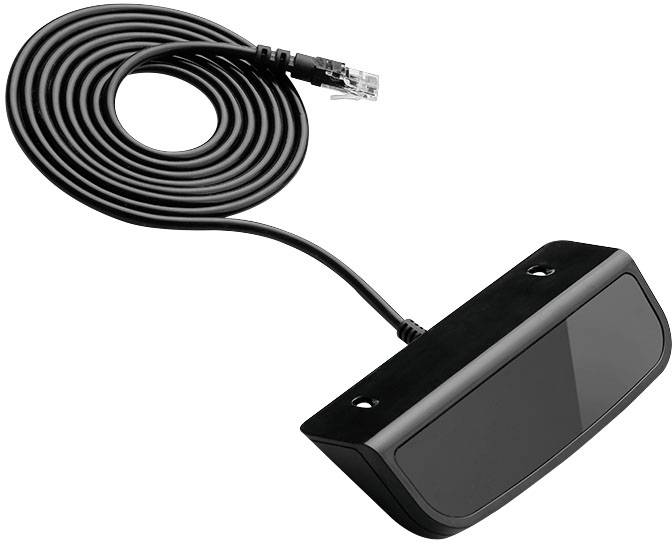 Ein schwarzer Infrarot-Empfänger mit langem Kabel und RJ45-Stecker, verwendet für den Empfang von Signalen in Heimkino-Setups.