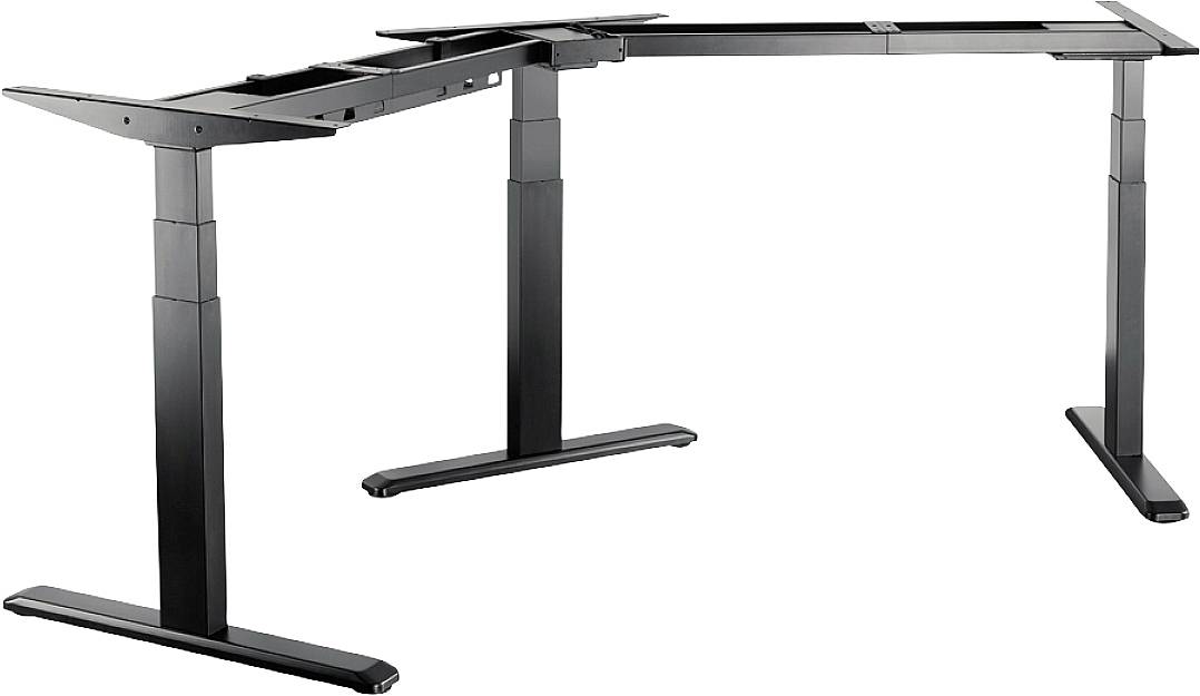 Höhenverstellbarer, schwarzer Eckschreibtischrahmen ohne Tischplatte, geeignet für ergonomische Büroeinrichtung.