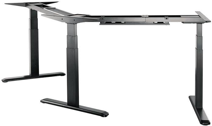 Schwarzer höhenverstellbarer Schreibtischrahmen in L-Form mit zwei Standbeinen, geeignet für ergonomisches Arbeiten.