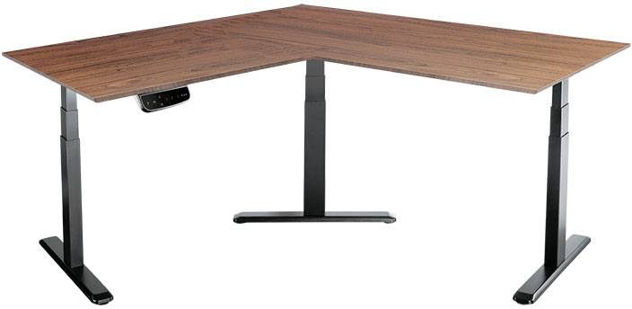 L-förmiger Schreibtisch aus Holz mit Höhenverstellung, schwarze Beine, minimalistisch und modern, geeignet für ergonomische Büros.