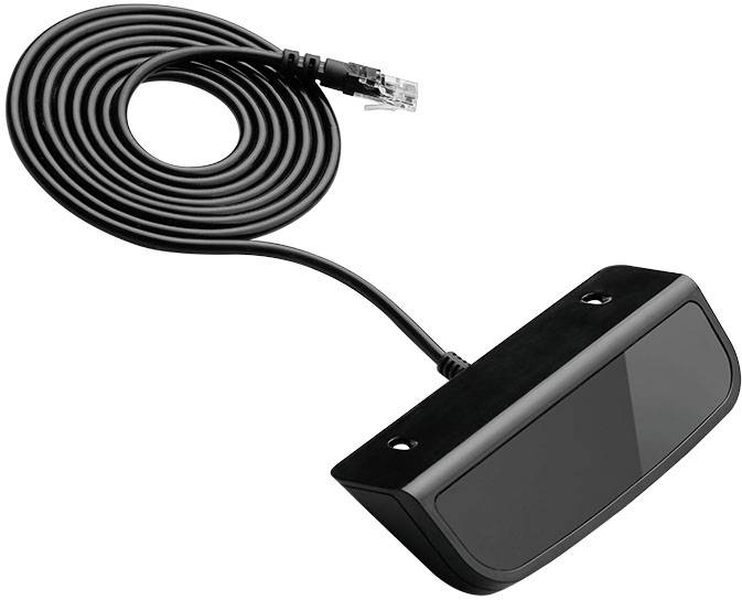 Schwarzer Infrarotsensor mit langem Kabel und RJ45-Stecker, verwendet zur Fernsteuerung oder Signalübertragung in Technikgeräten.