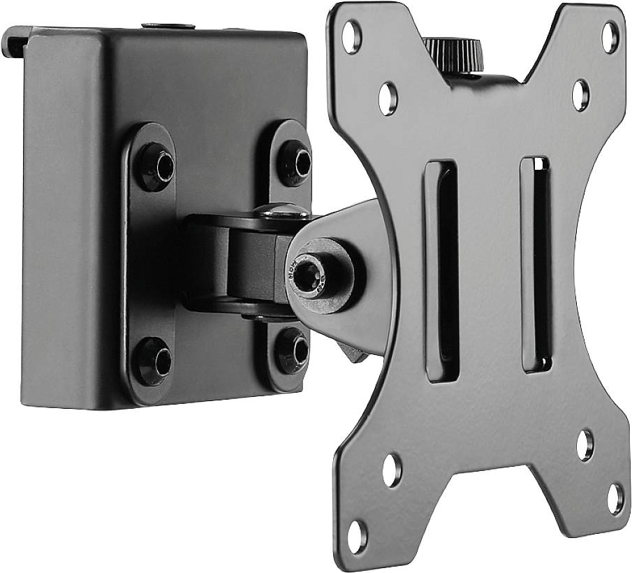 Ein schwarzer, verstellbarer Wandhalter für Monitore, geeignet für verschiedene Bildschirmgrößen, mit mehreren Befestigungslöchern.