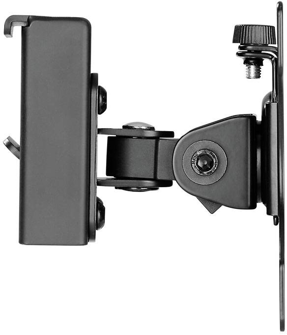 Seitenansicht einer schwarzen Wandhalterung mit verstellbarem Arm und Schraube, geeignet zur Befestigung von Geräten oder Bildschirmen.