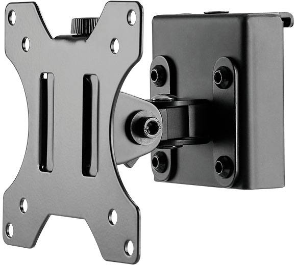 Schwarze, an der Wand befestigte Monitorhalterung mit Gelenkarm zur flexiblen Ausrichtung eines Bildschirms.