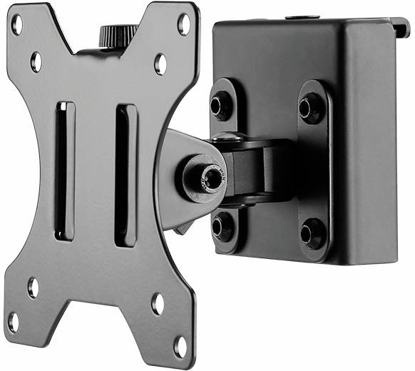 Schwarze, verstellbare TV-Wandhalterung mit VESA-Bohrungen, geeignet für kleine bis mittelgroße Monitore und Fernseher.