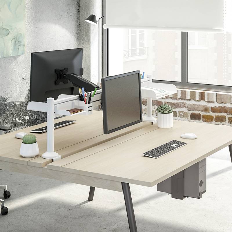 Ein modernes, minimalistisches Büro mit zwei Schreibtischen, Bildschirmen auf Monitorarmen, Tastaturen und kleinem Pflanzenarrangement.