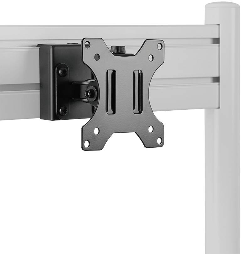 Ein schwarzer Monitorhalter montiert auf einem silbernen Metallrahmen, zur Befestigung eines Bildschirms geeignet.