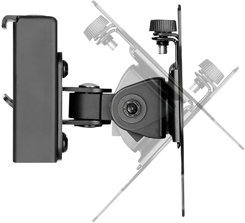 Schwarze Bildschirmhalterung mit schwenkbarem Gelenk, zeigt Bewegung in verschiedene Richtungen, geeignet für flexible Monitorpositionierung.