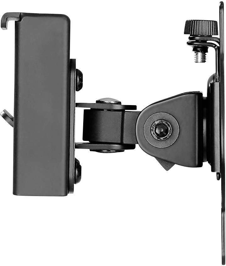 Seitlicher Blick auf eine schwarze, verstellbare Halterung mit Schraubmechanismus, geeignet für die Befestigung an einer Wand oder einem Monitorständer.