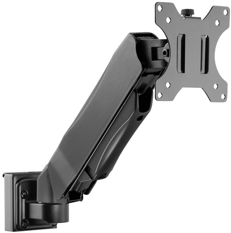 Monitorhalterung aus schwarzem Metall, seitlich montiert, mit verstellbarem Arm. Geeignet für Bildschirme zur Anpassung der Blickhöhe.
