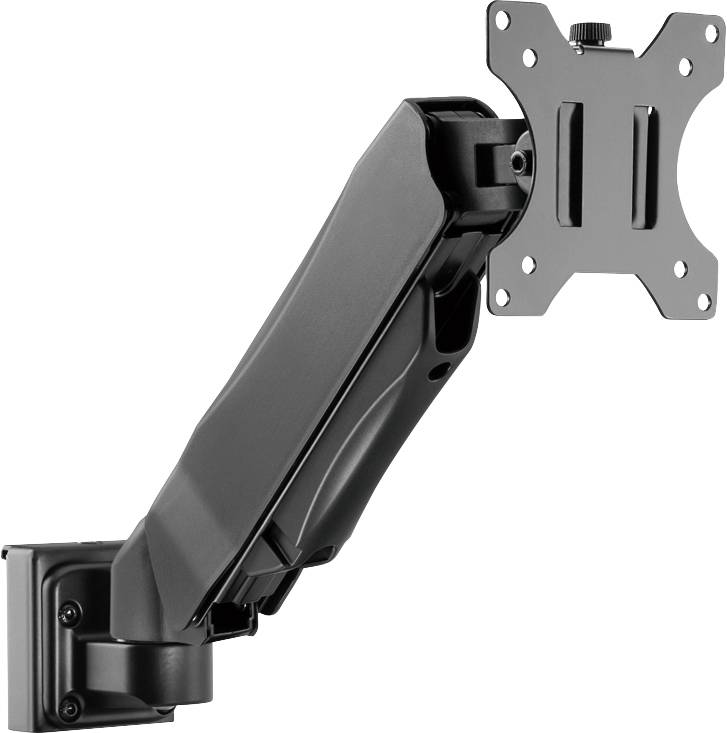 Schwarzer, verstellbarer Monitorarm aus Metall, zur Wandmontage geeignet. Geeignet für Bildschirme mit VESA-Halterung.